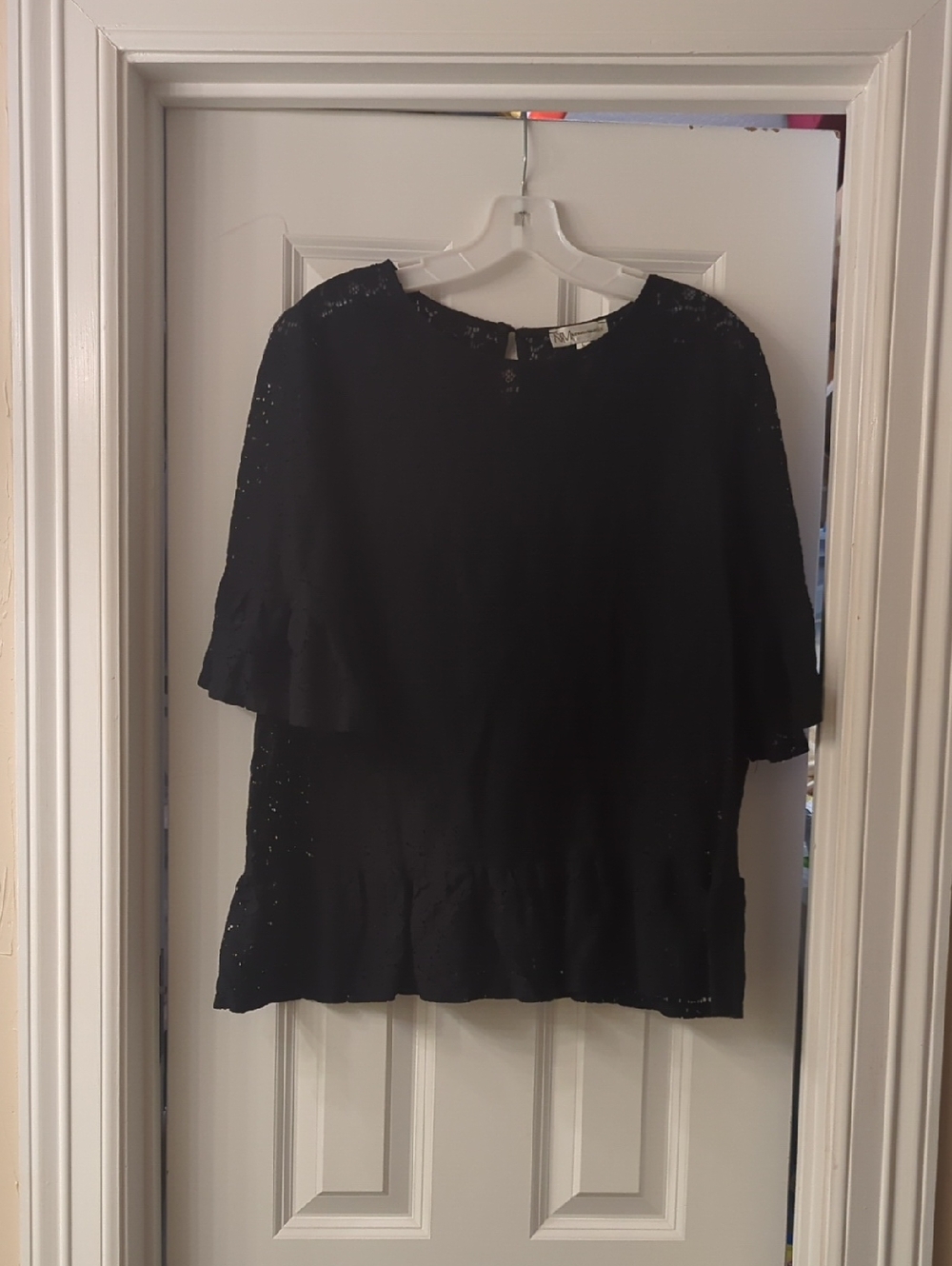Neiman Marcus Black Lace Ruffle Sleeve Blouse